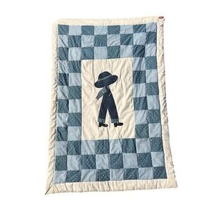 Handmade Quilt Applique Boy Denim Overalls Blue Gingham Farmhouse Baby Blanket